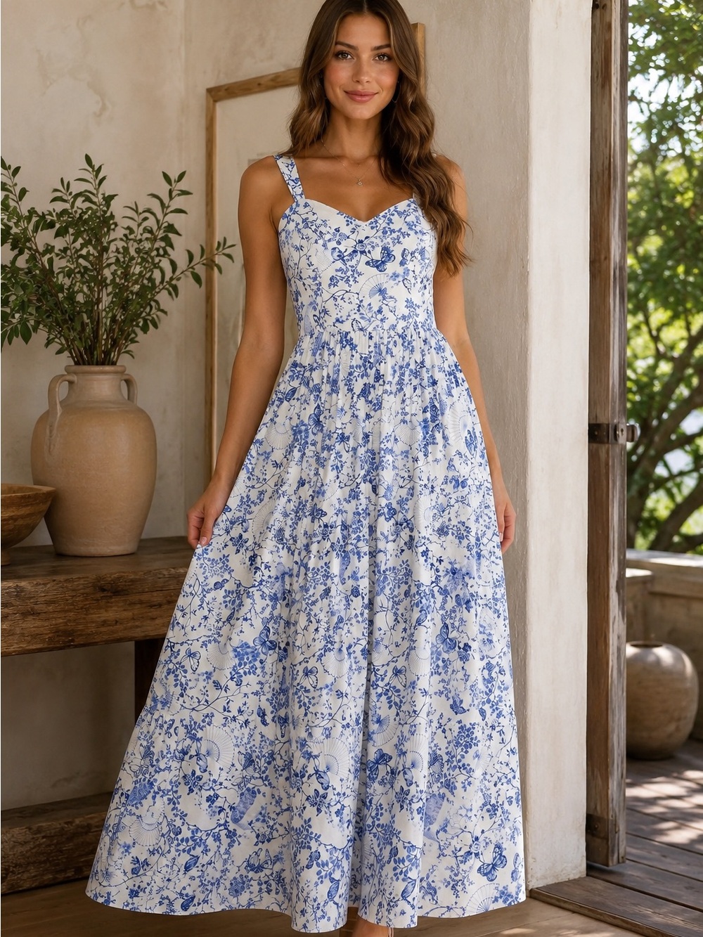 Aqua Blu Blue and White Floral Maxi Dress  Sz XS